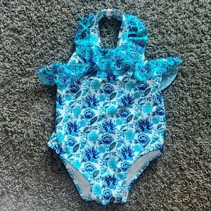 12-18M girls swimsuit! Barely worn, halter style with cute neck accessory!